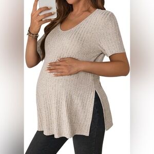 JiniGolla Women's Maternity T Shirt Ribbed Knit Pregnancy Tops Side Split Casual